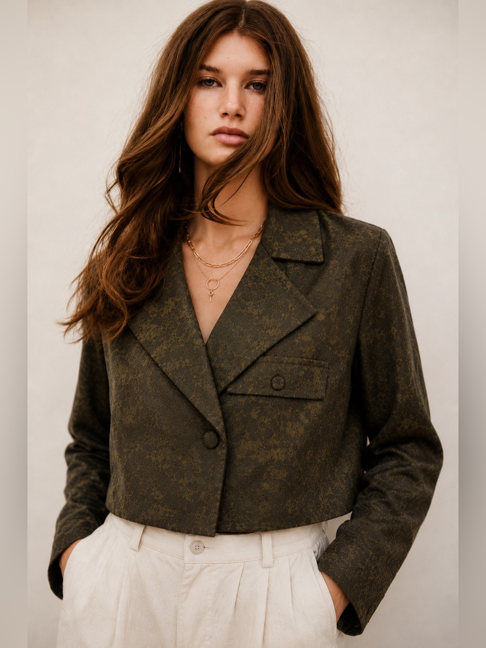 Mulberry Silk Cropped Jacquard Blazer | Botanical Olive | XL
